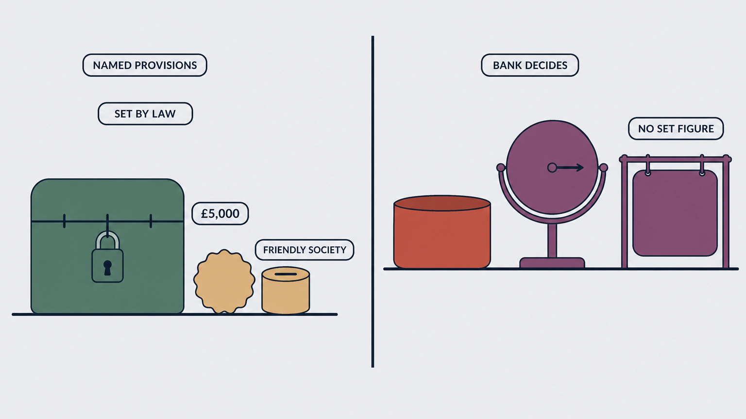 Flat vector illustration divided by a bold central line. The left zone, labelled GREAT BRITAIN and SET BY LAW, shows a locked strongbox with a fixed band marked £5,000, beside a friendly society rosette labelled FRIENDLY SOCIETY and a small savings tin. The right zone, labelled BANK DECIDES, shows an open-topped container beside a dial with a movable pointer and a completely blank face, and an empty hanging plaque labelled NO SET FIGURE.