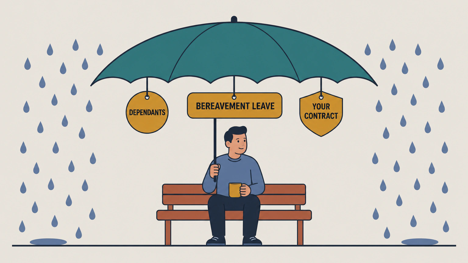 A man sits on a park bench with a mug in his hand, holding a large teal umbrella that keeps off the rain falling on either side. Three tags hang from the umbrella's rim, labelled Dependants, Bereavement Leave and Your Contract.