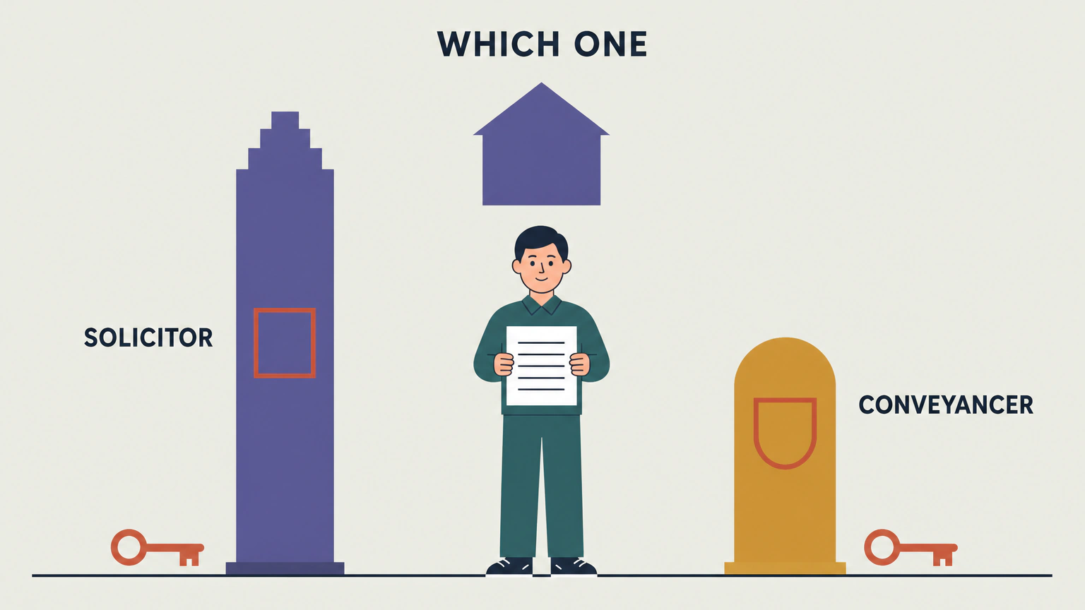 Flat vector illustration of a buyer standing in the centre of the frame holding a folded document, with a tall stepped column labelled SOLICITOR to their left and a broad rounded plinth labelled CONVEYANCER to their right, a matching key resting at the foot of each, and a small house floating above under the words WHICH ONE.
