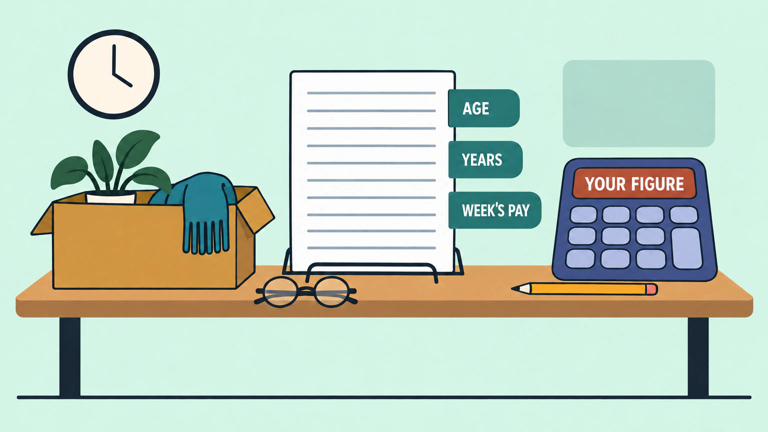 A desk with a packed cardboard box, a letter with three tabs labelled age, years and week's pay, and a calculator showing your figure.
