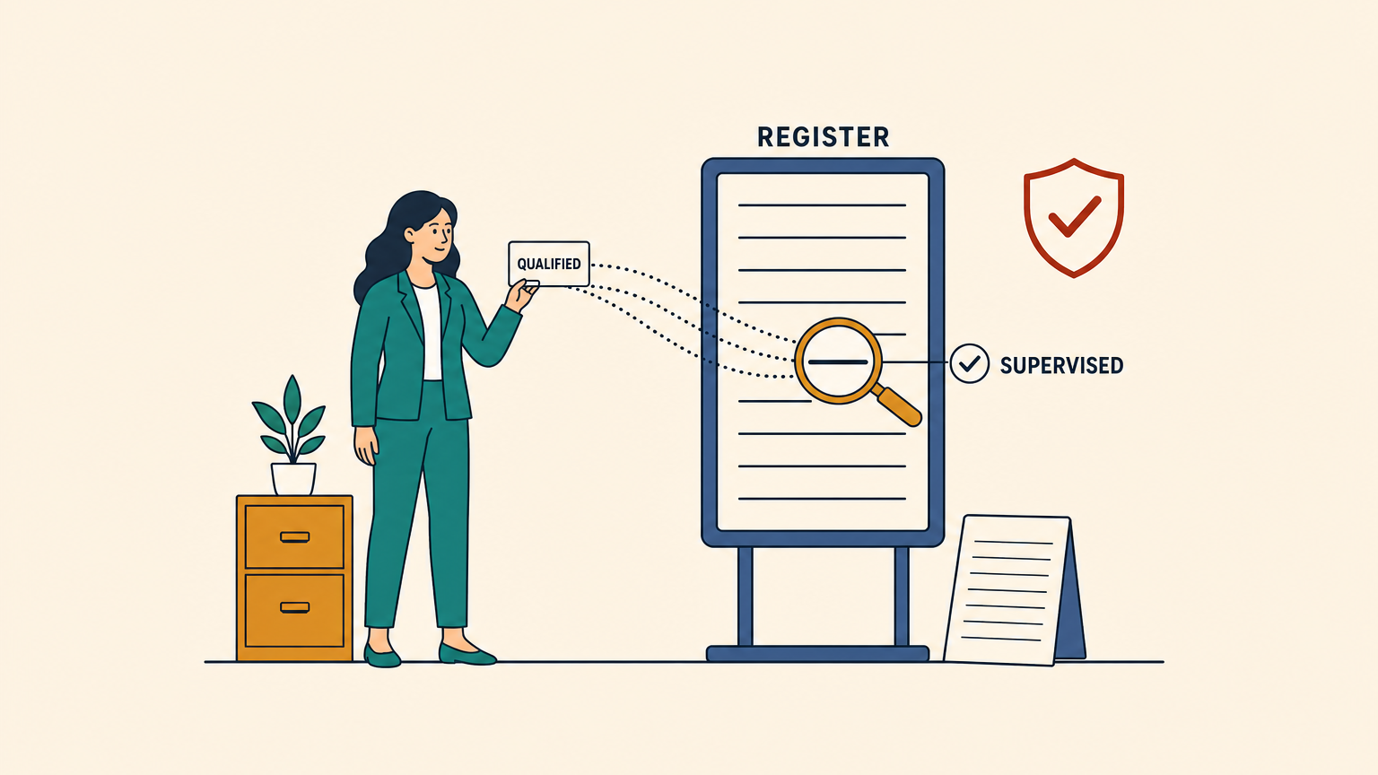 A woman holds a card marked QUALIFIED beside a tall board headed REGISTER, where a magnifier picks out one line and a tick badge marked SUPERVISED sits next to it, with a shield and tick to the right.