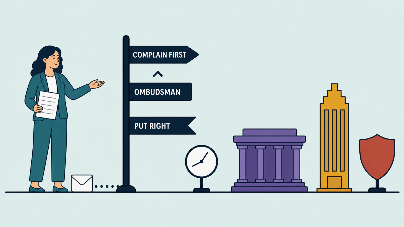 Flat illustration of a woman holding a letter and pointing to a three-armed signpost reading COMPLAIN FIRST, OMBUDSMAN and PUT RIGHT, with three different buildings and a clock standing further along the ground line.