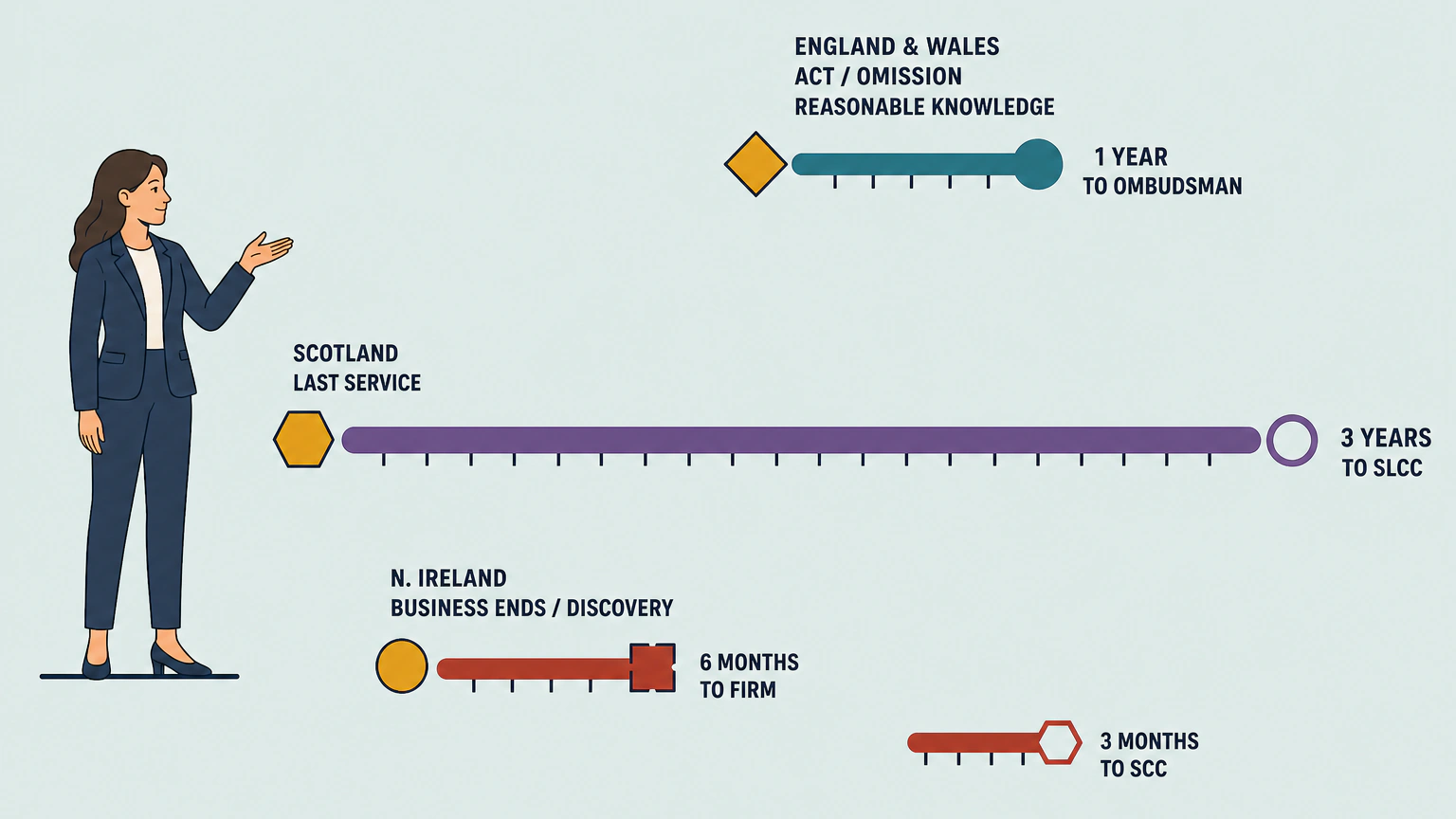 Three separate deadline tracks with different starting triggers: England and Wales from the act, omission or reasonable knowledge to the Legal Ombudsman within one year; Scotland from last service to the SLCC within three years; and Northern Ireland from business ending or discovery to the firm within six months, then to the SCC within three months.