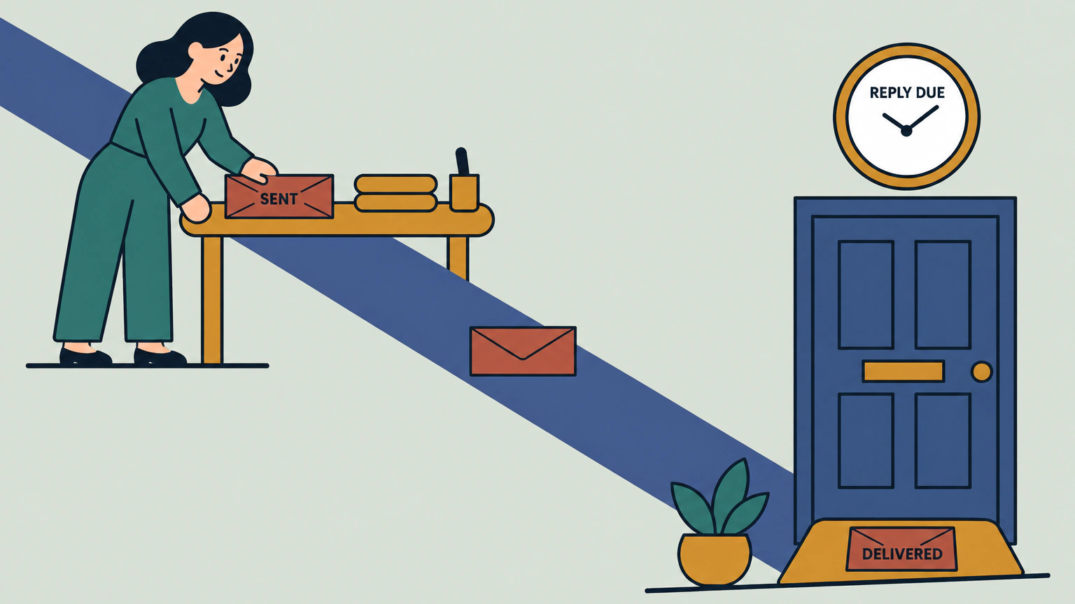 Flat vector illustration split corner to corner by one diagonal band. In the upper left a woman presses a sealed envelope marked SENT onto a small table; an identical envelope sits on the band itself; in the lower right the same envelope, marked DELIVERED, lies on a doormat beside a panelled door with a letter slot, under a blank-faced wall clock marked REPLY DUE.