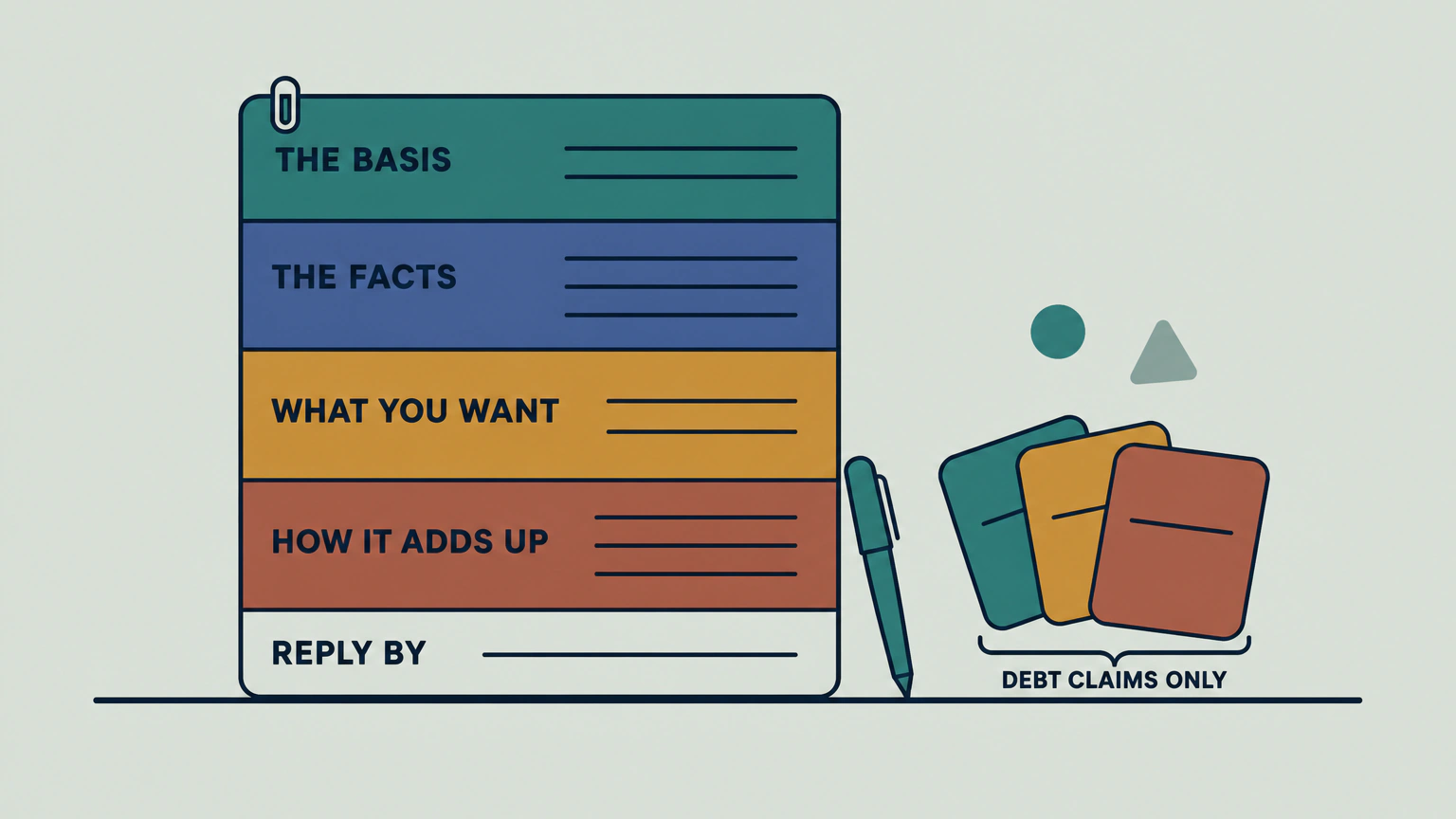 Flat vector illustration of an upright letter divided into four coloured bands marked THE BASIS, THE FACTS, WHAT YOU WANT and HOW IT ADDS UP, with a narrow unfilled strip at its foot marked REPLY BY. A separate stack of three cards stands apart on the right beneath a bracket marked DEBT CLAIMS ONLY.