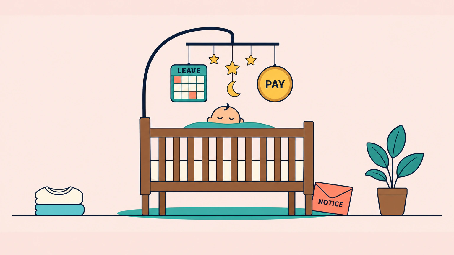 A baby asleep in a wooden cot under a mobile. A calendar block labelled Leave and a round coin labelled Pay hang from separate strings above the baby, and an envelope labelled Notice leans against a leg of the cot.
