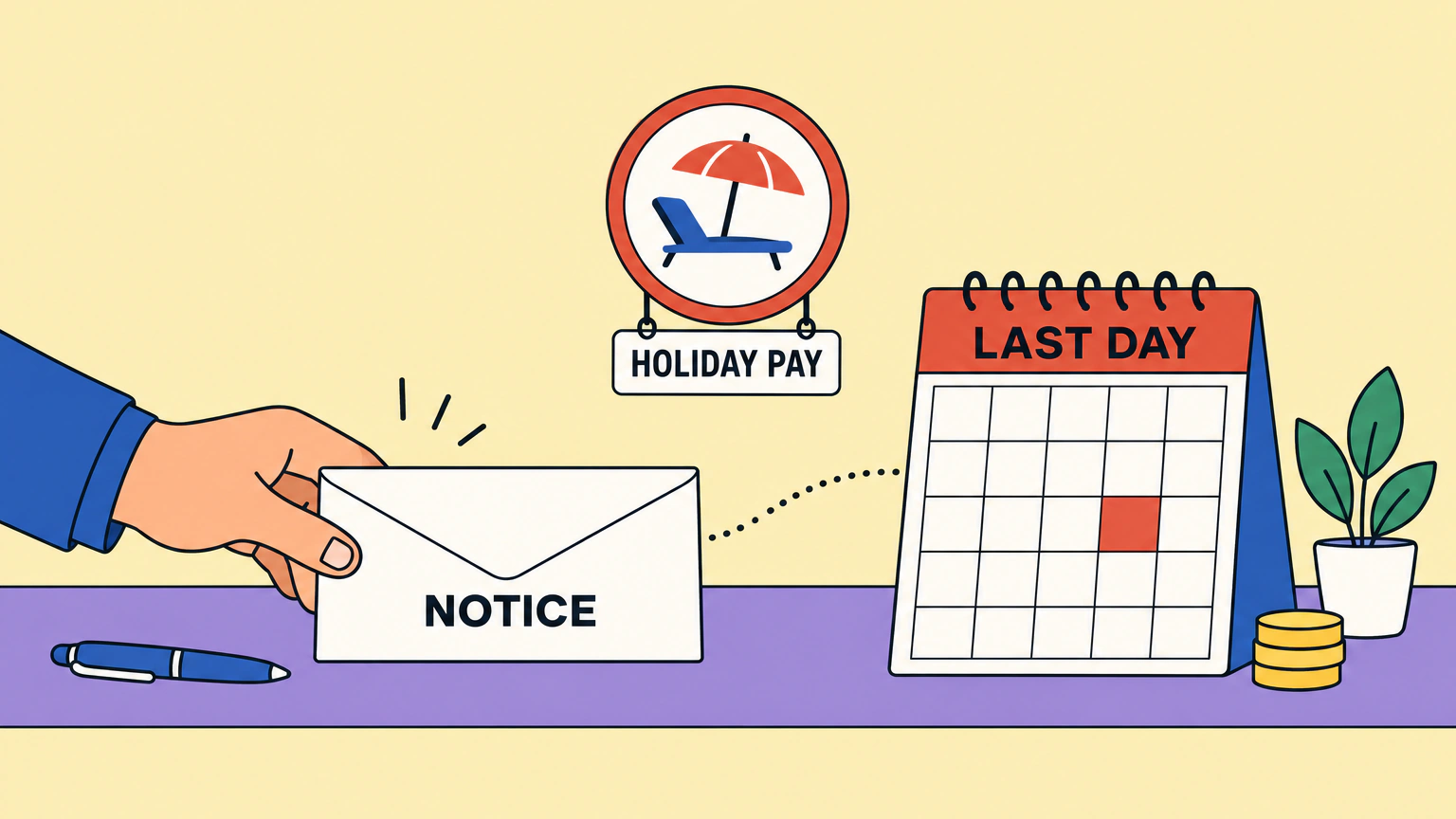 A hand slides an envelope marked Notice across a desk towards a desk calendar headed Last Day, with one date marked in red. Above them hangs a round badge showing a sun lounger under a parasol, labelled Holiday Pay.