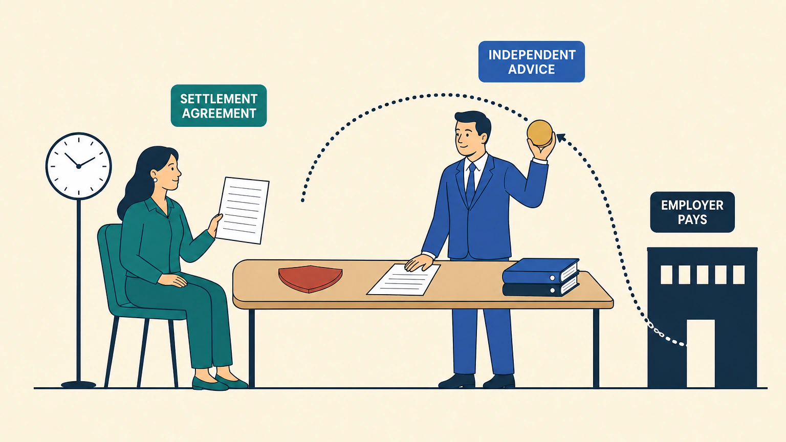 Flat illustration of an employee seated with a blank ruled agreement while an independent adviser stands across a desk holding a coin, with a dotted arc travelling from an office building labelled employer pays to the adviser's raised hand, showing that the employer funds the advice while the adviser acts for the employee.