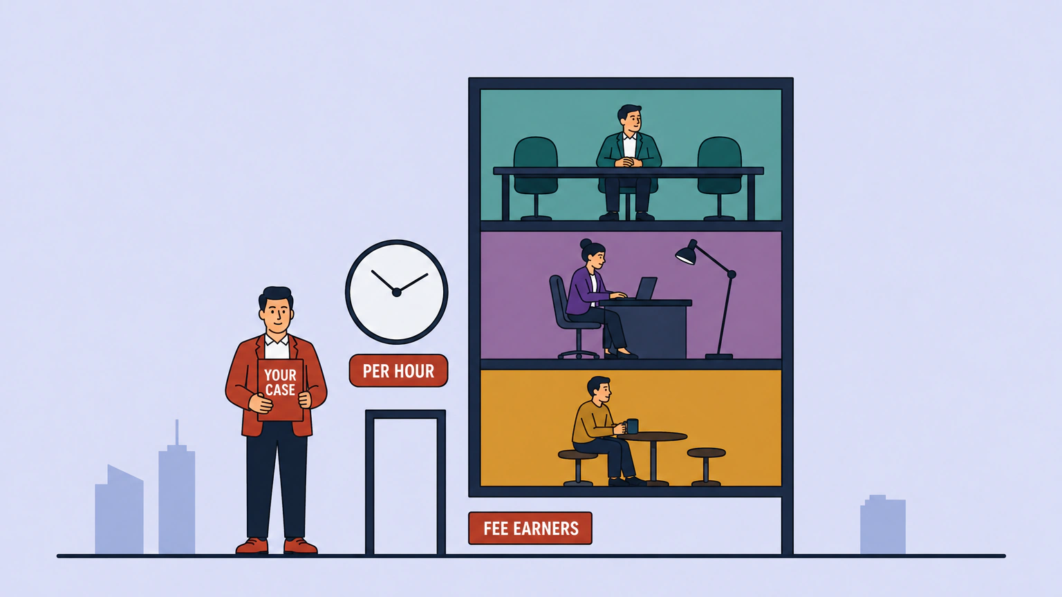 Flat illustration of a client holding a folder marked YOUR CASE outside a law firm's building, which is cut away to show three floors with one person working on each, beside a wall clock over a plaque reading PER HOUR and a street-level plaque reading FEE EARNERS.
