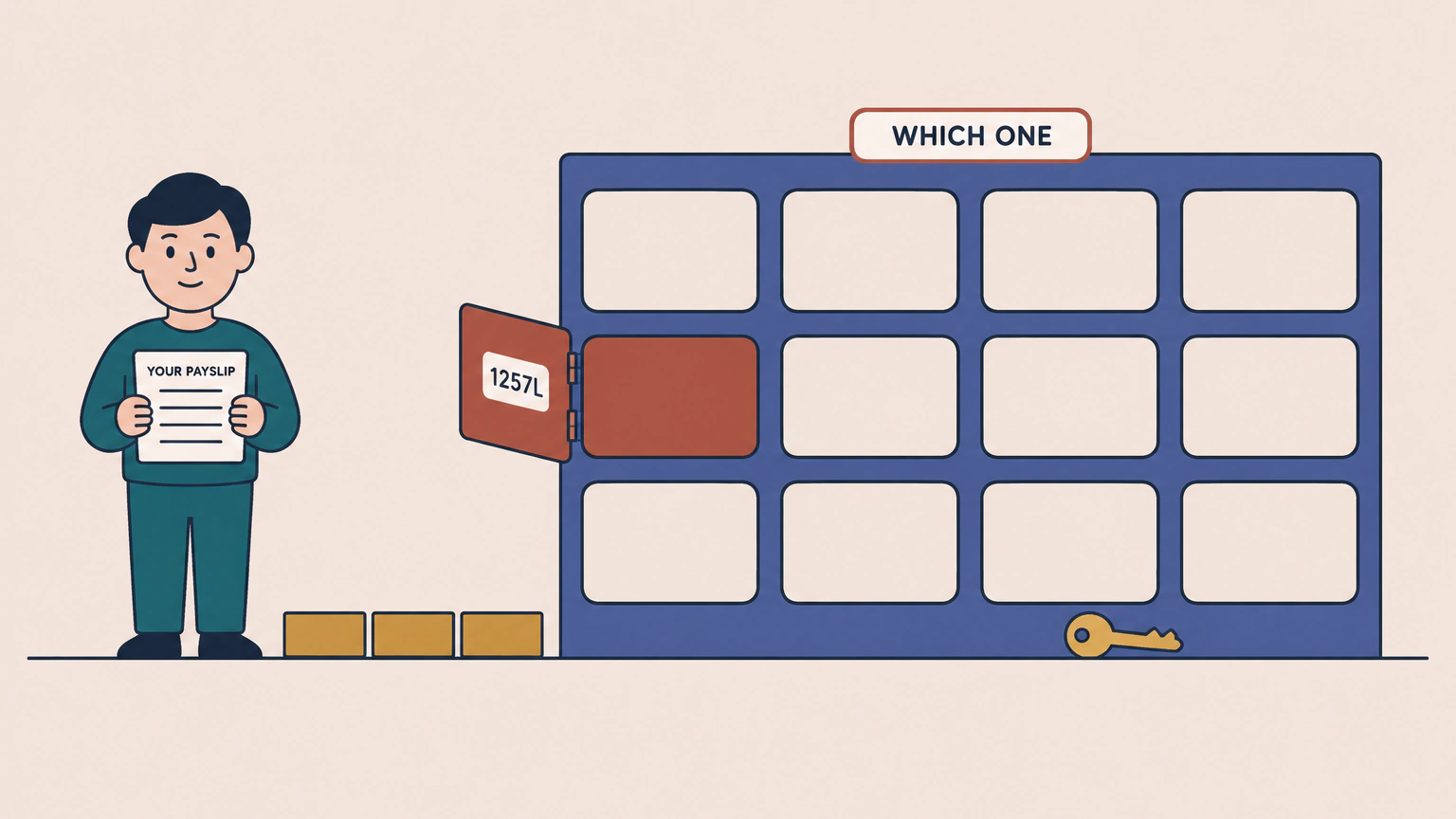 Flat illustration of a person holding a small card labelled YOUR PAYSLIP beside a tall cabinet of twelve pigeonholes under a plaque reading WHICH ONE, with one compartment open and its door labelled 1257L.