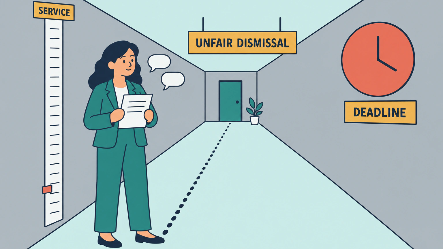 A woman holding a letter stands in an office corridor beside a measuring strip labelled service and a clock labelled deadline, under a sign reading unfair dismissal.